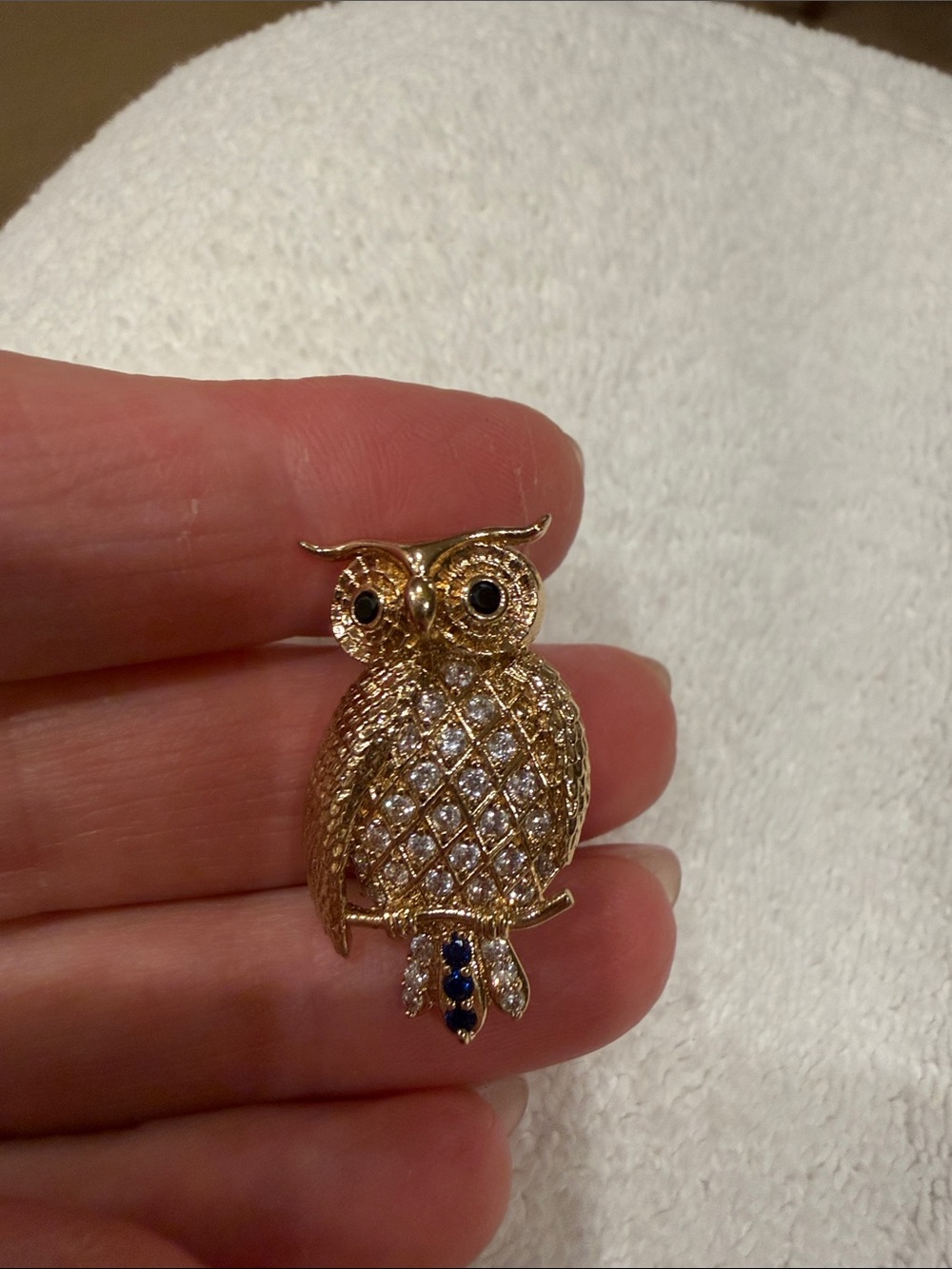 Talbots Gold-Tone Owl Brooch with Clear and Blue Stones
